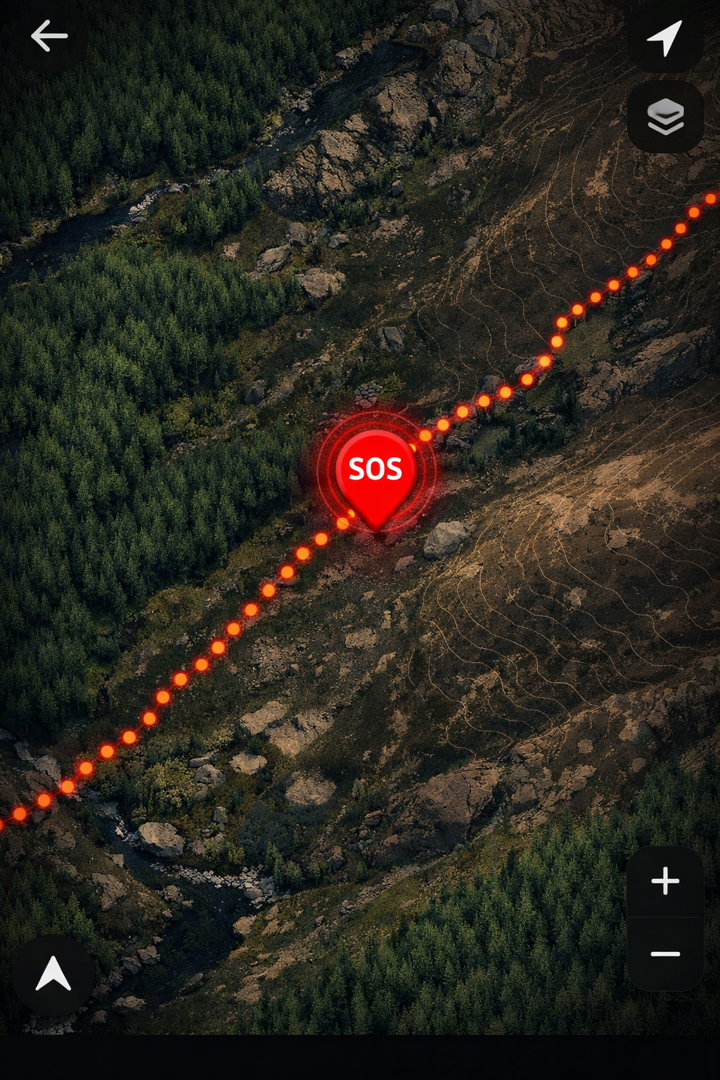 Trail map showing breadcrumb path and SOS location marker